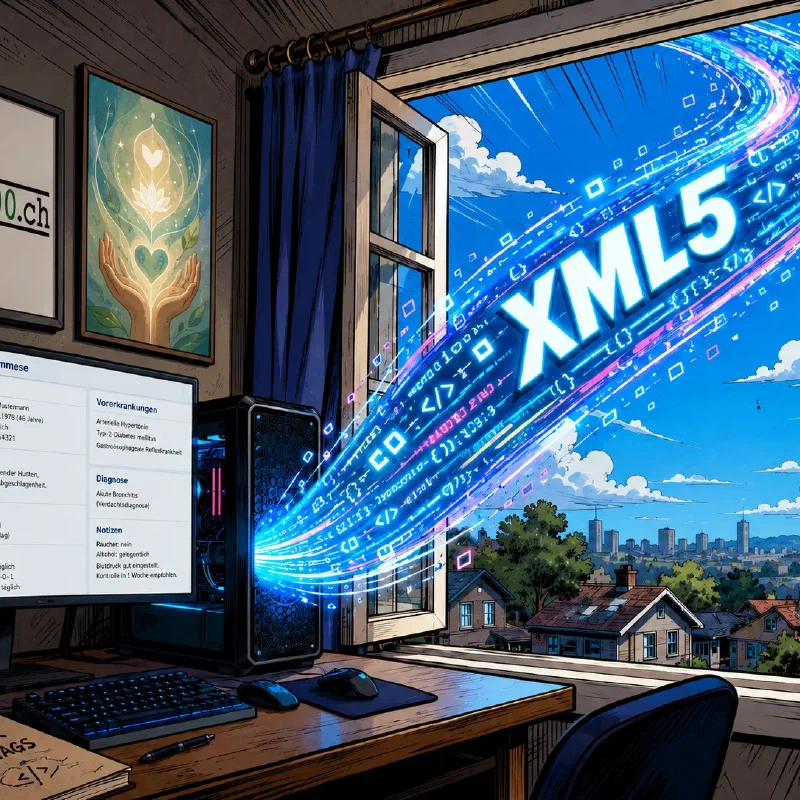 Illustration: a tarif590.ch workstation with a glowing XML5 data stream