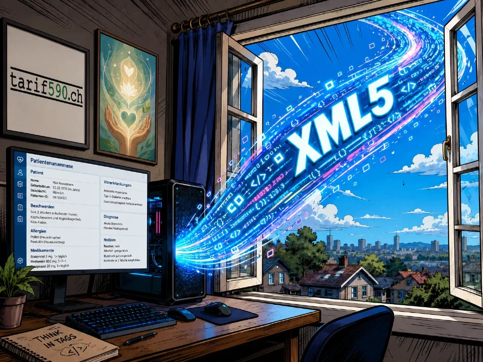 Illustration : poste de travail tarif590.ch avec un flux de données XML5 lumineux